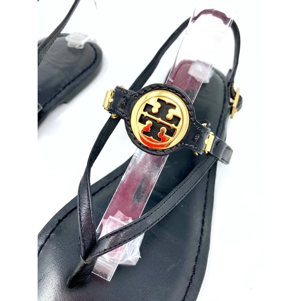 Tory Burch Black Leather Logo Medallion Thong Slingback Sandals Flat Size 9